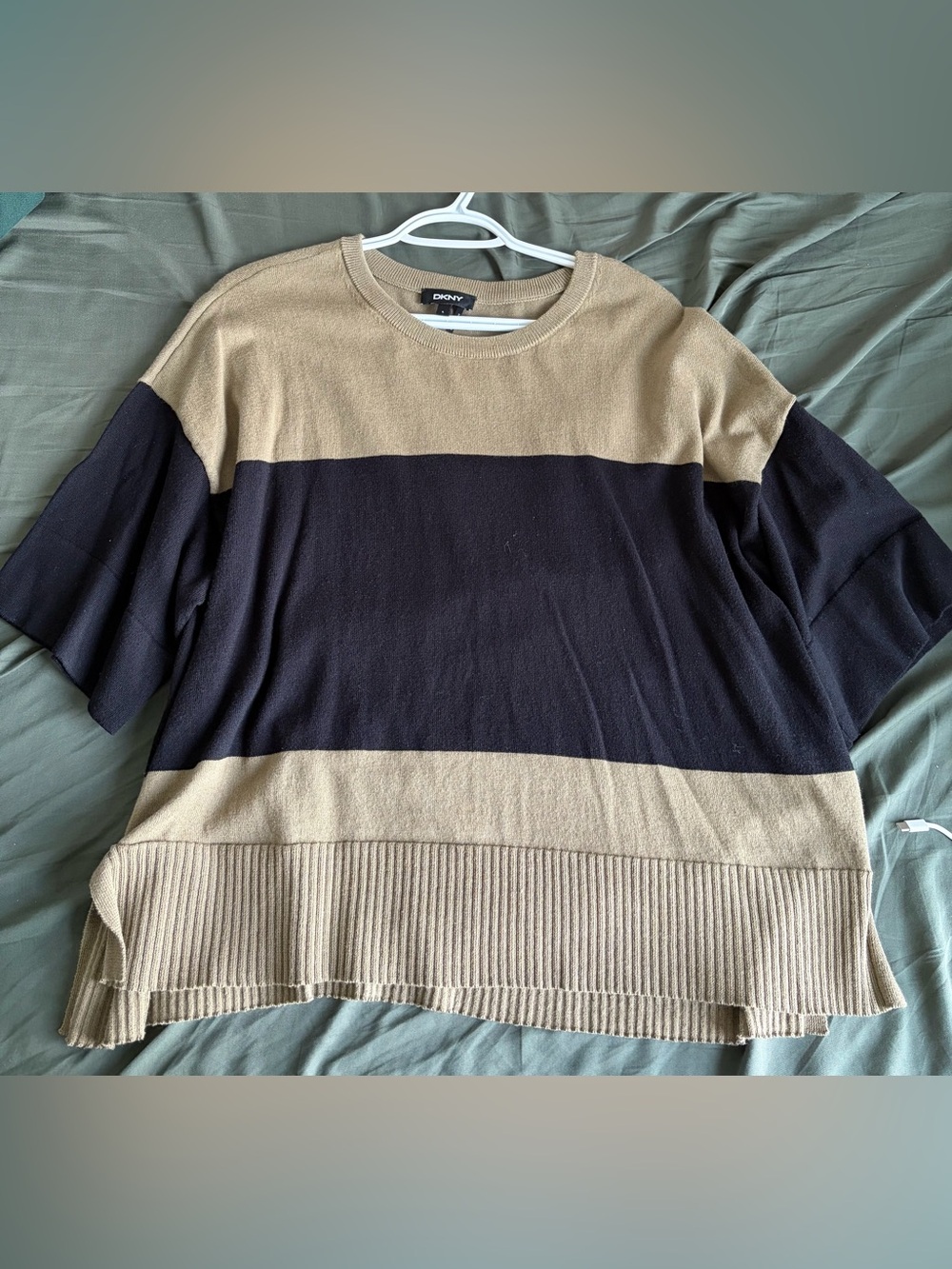 DKNY Women’s Olive Green and Black Wide-Stripe Crewneck Sweater